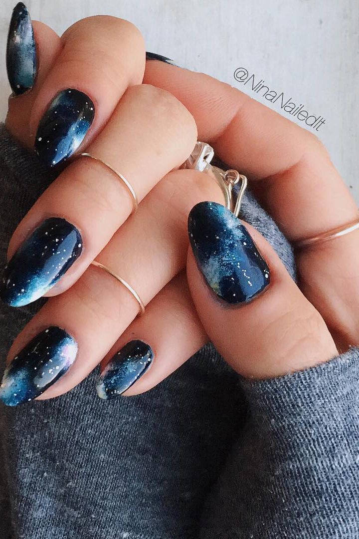 navy blue with silver glitter nail art